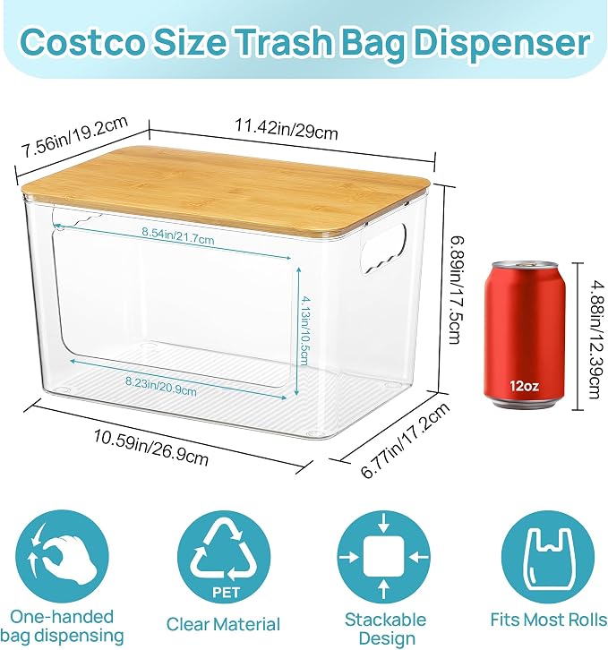 Vtopmart 2 Pack Trash Bag Holder with Bamboo Lid, Garbage Bag Dispenser | Stackable Trash Bag Organizer for 13/30/33 Gallon Bags, Clear Organizer Bins for Under Sink, Laundry Room Organization - Image 2