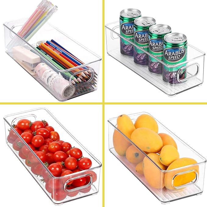 Set of 4 Refrigerator Pantry Organizer Bins - Stackable Fridge Organizers with Handles for Pantry, Freezer, Kitchen, Countertops, Cabinets - Clear Plastic Food Storage Bins - Image 5