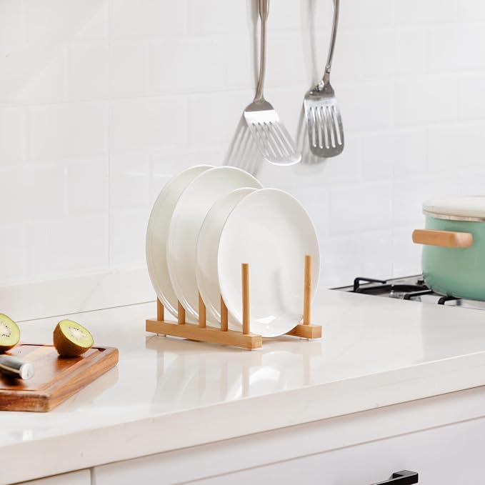 Bamboo Dish Drying Rack for Kitchen Counter & Cabinet (4 Slots) | Detachable Dish/Book/Plate/Bowl/Cup/Cutting Board/Pot Lid Organizer for Kitchen, Living Room, Study, Display Cabinet - Image 5
