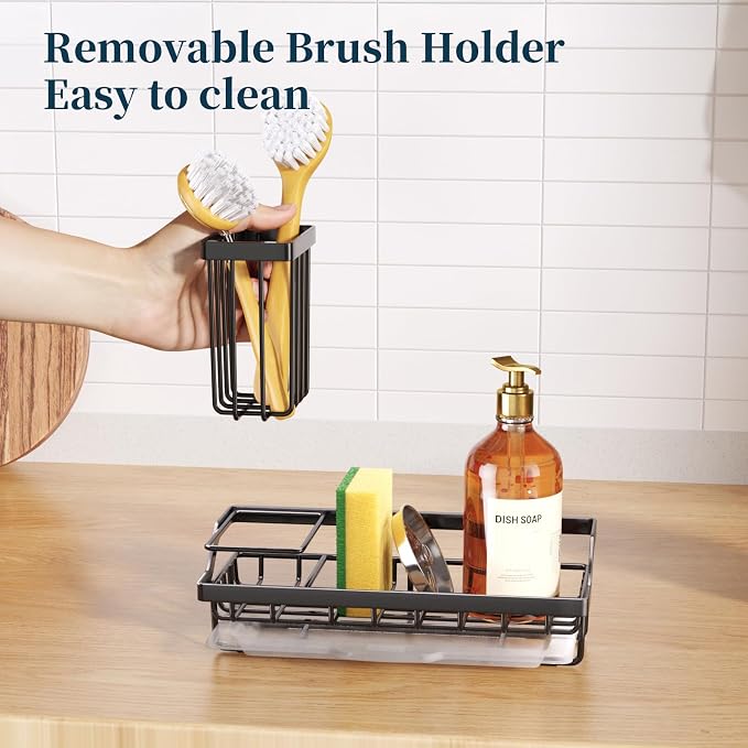 Consumest Sponge Holder for Kitchen Sink - Kitchen Sink Caddy Organizer with Removable Drip Tray for Countertop Dish Soap Dispenser Brush Storage Accessories 304 Stainless Steel - Black - Image 4