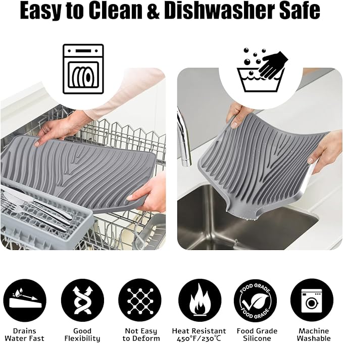 TIKNIK Silicone Dish Drying Mat for Kitchen Counter, Grey-1pcs, 20" x 15" | Heat Resistant & Non-Slip Dish Drain Pad with Built-In Drain, Dishwasher Safe, Quick-Dry, Hangable & Roll-Up for Storage - Image 5