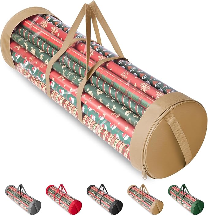 BALEINE Christmas Wrapping Paper Organizer Storage, 41" Gift Wrapping Paper Storage Containers, Clear PVC with Durable 600D Oxford Fabric Gift Wrap Paper Holder Fits 18-25 Rolls, Golden by BALEINE
