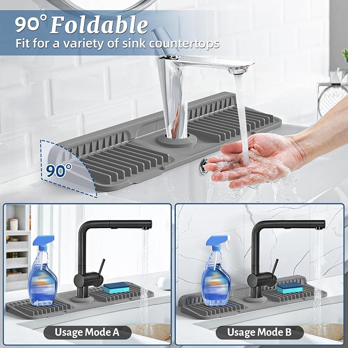 PoYang 17.7 Inch Faucet Mat for Kitchen Sink Splash Guard, Silicone, Grey | Sink Protectors with 7° Slope for Smooth Drainage, Snap Button Holds It in Place, 90° Foldable & Cuttable Hole Fit Most Sinks - Image 2