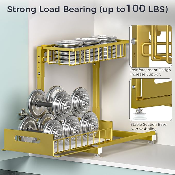L-Shaped Under Sink Organizer, 2-Tier Pull-out Cabinet Rack 1-Pack | Gold Height-Adjustable Steel Rack, Sliding Grid Drawers with PP Liners, Holds 100 Lbs, Suction Base, Ideal Kitchen Storage - Image 5