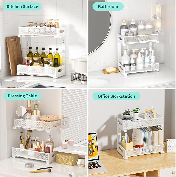 Under Sink Organizer, 1 Pack 2 Tier Metal Slide Out Pull Out Cabinet Organizer Shelf, Height Adjustable Organization and Storage Series, Bathroom/Desktop/Cabinet/Kitchen organization, White - Image 4