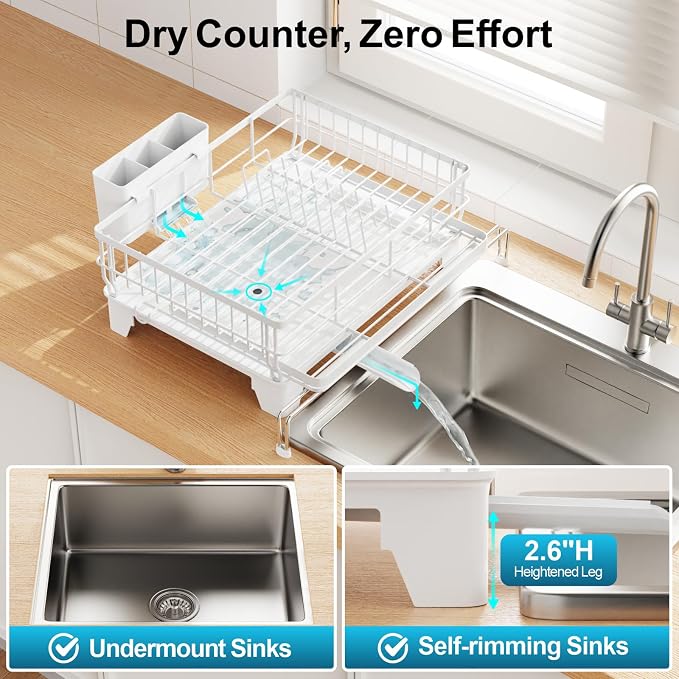 Expandable Dish Drying Rack - Countertop with Sink Extension, White | 12.6"-22.4" Adjustable Length, Extra Drying Space, Auto-Drain Spout, Large-Capacity, Removable Utensil Holder, Rust-Resistant - Image 8