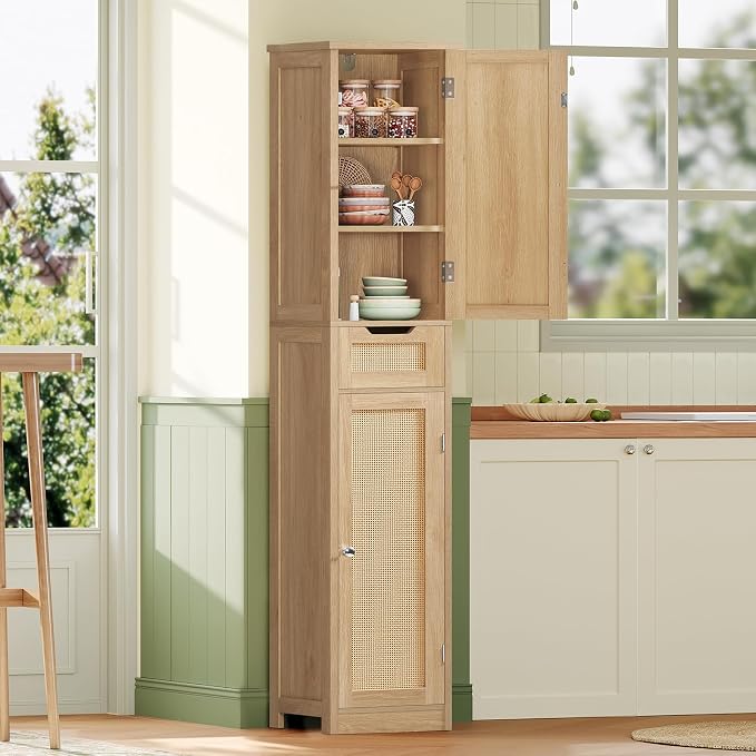 Iwell Tall Bathroom Cabinet, Slim Narrow Storage Cabinet with Adjustable Shelves, Rattan Cabinets with 1 Drawer, for Bathroom, Living Room, Entryway, Kitchen, Nature - Image 7