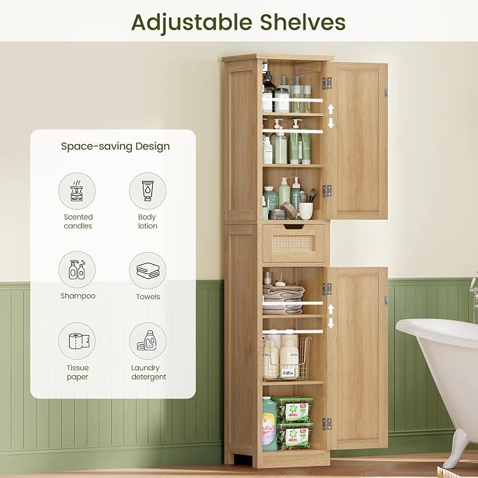 Iwell Tall Bathroom Cabinet, Slim Narrow Storage Cabinet with Adjustable Shelves, Rattan Cabinets with 1 Drawer, for Bathroom, Living Room, Entryway, Kitchen, Nature - Image 5