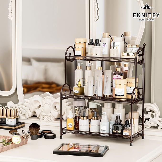 EKNITEY Bathroom Organizer Shelf Countertop - 3 Tier Spice Rack No Assembly | Kitchen Counter Organizer, for Skincare Makeup Vanity, Sturdy Metal Frame, Easy to Clean, Space-saving, Foldable, Brown - Image 2