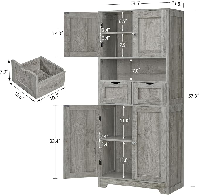 Iwell Tall Storage Cabinet with Adjustable Shelf, Bathroom Cabinet with 2 Drawers, Linen Cabinet for Living Room, Grey - Image 3