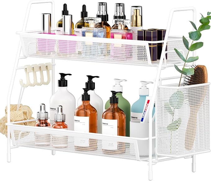 VITVITI 2 Tier Bathroom Countertop Organizer, Vanity Storage Shelf, White | Bathroom Counter Organizer, Vanity Makeup Tray Shelf, Kitchen Spice Rack, Metal Wire Mesh, with Basket Hooks by VITVITI