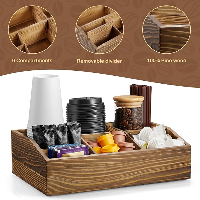 Burnt Wood Coffee Station Organizer for Countertop, Coffee Bar Accessories and Organizer, Rustic Coffee Pod Holder Storage Basket for K Cup Sugar Tea - Image 3