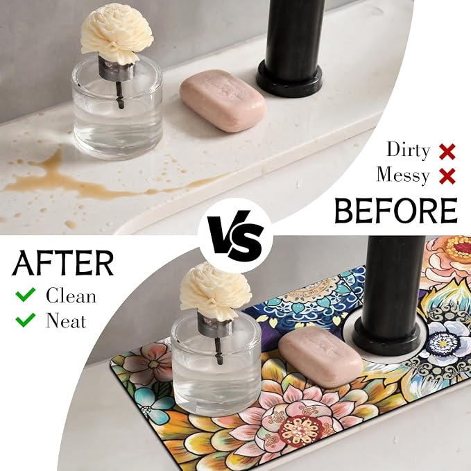 Boho Colorful Mandala Flower Kitchen Sink Splash Guard Faucet Mat,Faucet Non-Slip Absorbent Mat,Farmhouse Sink Splash Guard Behind Faucet for Kitchen Bathroom, 15"x5.5" - Image 3
