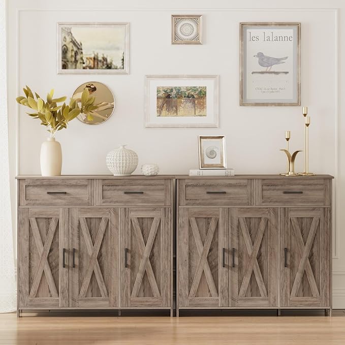 Homhedy Coffee Bar Storage Cabinet with Drawers, Kitchen Buffet Cabinet | Sideboard Cabinet with Doors, Farmhouse Buffet Cabinet, Adjustable Shelves, for Kitchen / Dining / Living Room, Greige - Image 8