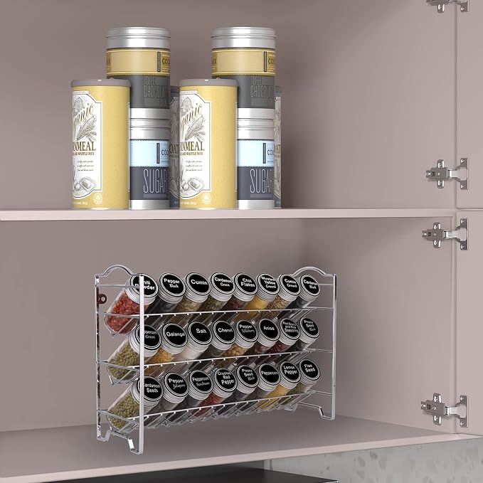 SWOMMOLY Spice Rack Organizer with 24 Round Spice Jars, 396 Spice Labels | Chalk Marker, Funnel Set for Cabinet, Countertop, Pantry, Cupboard or Door & Wall Mount - 24 Jars, 14.8" W × 9.8" H, Silver - Image 2