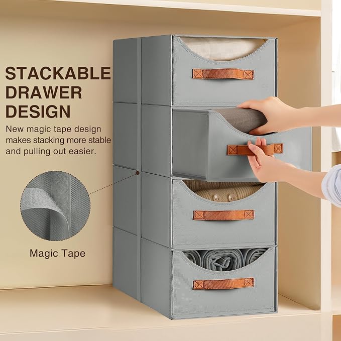 Stackable Storage Drawers - Large Collapsible Storage Bins with Drawers, 6 Pack Closet Shelf Organizer Basket, Fabric Pull Out Organizer for Bedroom, Living Room, Dorm, Grey - Image 4