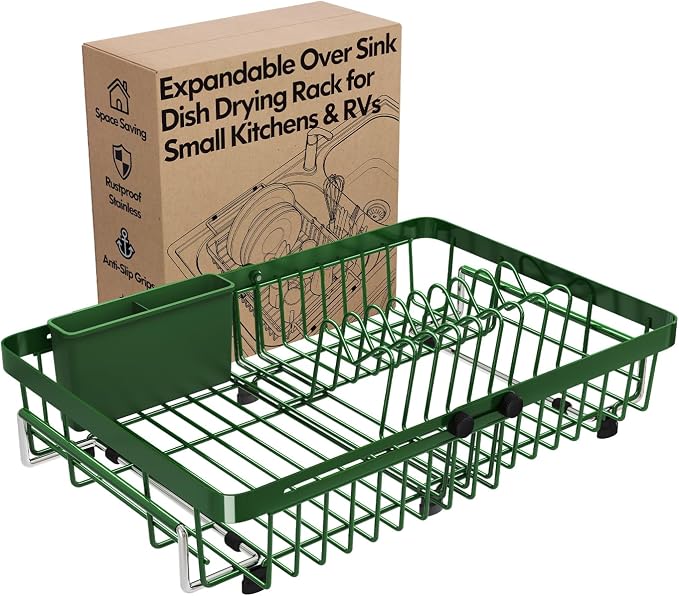 Green Dish Drying Rack Over The Sink with Utensil Holder | Expandable Stainless Steel Dish Drainer for Small Kitchen, Apartment, RV, Counter Space Saving, Perfect Fit, Rustproof by MAJALiS