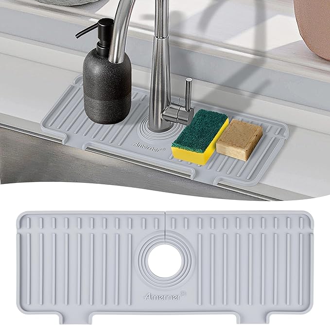 Amerner Kitchen Sink Splash Guard, Silicone Faucet Guard & Draining Mat, 10° Large Slope Sink Faucet Mat Splash Guard, Bathroom Sink Organizer, Kitchen Sink Accessories Gadgets, 14.2” x 5.1”, Gray by Amerner