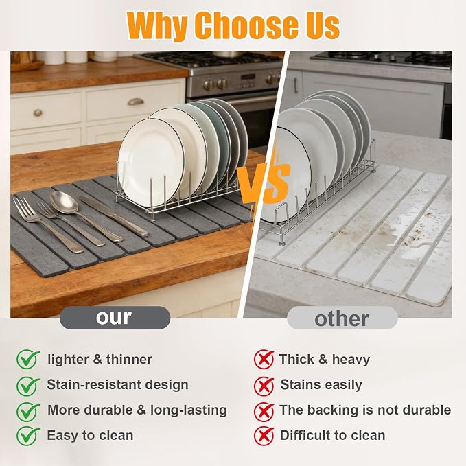 Beslands Large Stone Drying Mat for Kitchen Counter, 24"x16" Diatomaceous Earth Dish Drying Mat with EVA, Quick Dry & Non-Slip Foldable Roll up Stone Mat for Dishes, Bottles, Pots, Sink Dark Gray - Image 2
