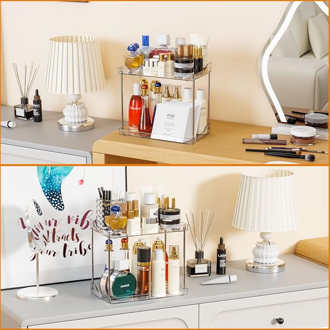 Clear Acrylic Bathroom Counter Organizers and Storage Tray, 2 Tier Makeup,Perfume,Skincare Organizer Shelf & Vanity Storage for Bedroom and Counter Top Spice Racks for Kitchen Corner,Rectangle - Image 4