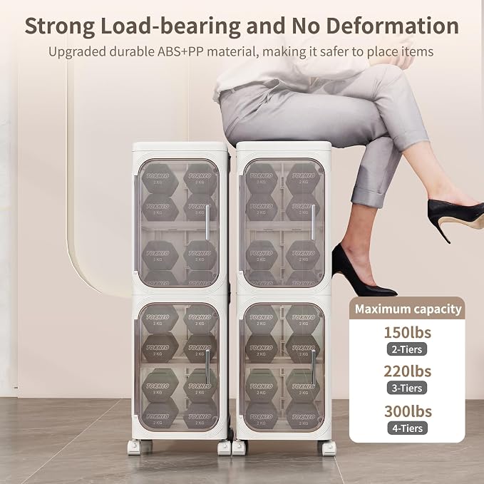 3 Tier Slim Bathroom Storage Cabinet, Foldable and Movable, White | Tools Free, ABS and PET, Magnetic Clear Door, Adjustable Shelves, Lockable Wheels, Water Resistant, For Narrow Space - Image 5