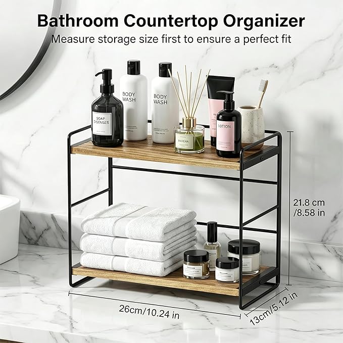 SRIWATANA 2-Tier Bathroom Counter Organizer, Set of 2, Carbonized Black | Wood Countertop Organizer, Kitchen Spice Rack, Vanity Skincare Organizer, Stable Counter Shelf for Bathroom Makeup Storage - Image 3