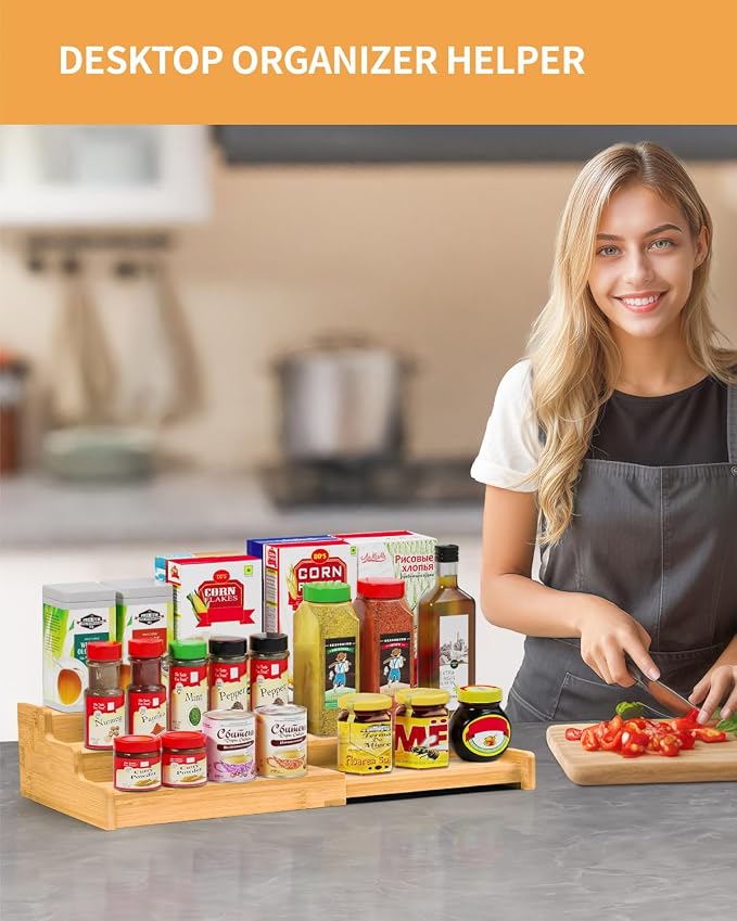 Spice Rack 3-Tier Natural Bamboo, Adjustable Cabinet Organizer Shelf | Expands 8.7-15.6"cabinets. Stepped design, labels visible.Storage organizer saves space, easy wipe. For spices, jars,cans. - Image 6