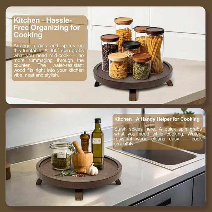 10" Solid Wood Lazy Susan Turntable Organizer for Cabinet, Pantry, Kitchen Countertop - Farmhouse Style with Raised Feet & Water-Resistant Coating, Rustic Bathroom Vanity Tray and Dining Table Decor - Image 7