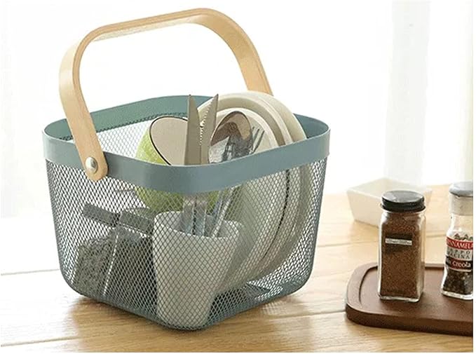 AJIODA Metal Mesh Steel Basket, Storage Organizer Basket Multi-functional Hanging Kitchen Baskets Fruit Basket Bin with Bamboo Handle for Kitchen Bathroom Picnic Shopping Decor Cabinet Home, Blue - Image 6