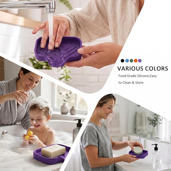 MicoYang Silicone Soap Dish with Drain Spout, Self-Draining Sink Organizer Tray for Bathroom and Kitchen, Sponges, Dispensers and Soap Holder, Non-Slip and Dishwasher Safe, Purple (Compact, 4.9"×3.2") - Image 4