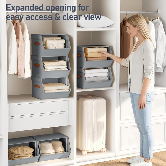 Stackable Closet Organizers and Storage Bins, Open Front Closet Shelf Organizer System With Steel Frame, Clothes Storage Basket Fabric, Collapsible Closet Drawers for Wardrobe, Nursery ,Toy, 4 Pack - Image 2