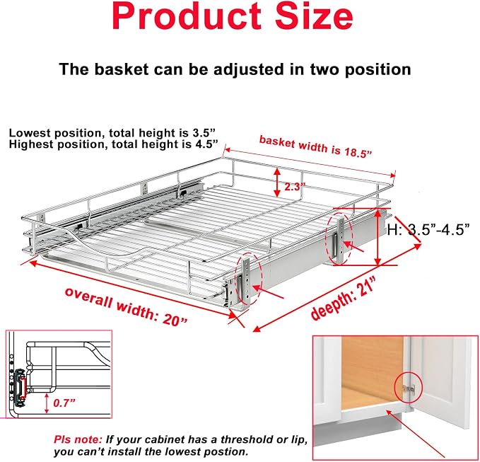 DINDON Pull Out Cabinet Organizer, (20" W x 21" D) Heavy-Duty Metal Sliding Drawer Shelf, Bathroom Under Sink Kitchen Cabinets Organizer and Storage Slide Out Shelves, Chrome, 1 Tier, 2 Pack - Image 2