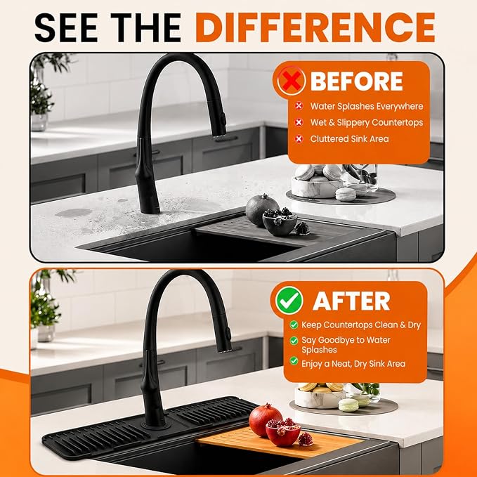 24 Inch Silicone Faucet Mat for Kitchen Sink Splash Guard, W/Sink Baffle | BPA-free silicone, Heat-resistant, non-slip, and built to withstand daily kitchen use, dishwasher safe and simple to rinse - Image 8