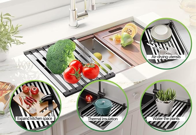 Over the Sink Kitchen Dish Drying Rack Organizer - Stainless Steel Collapsible Non-Slip Space-Saving [23.26 * 12.8IN] - Rust-Resistant Heat-Resistant Sturdy - Easy to Clean - Image 5