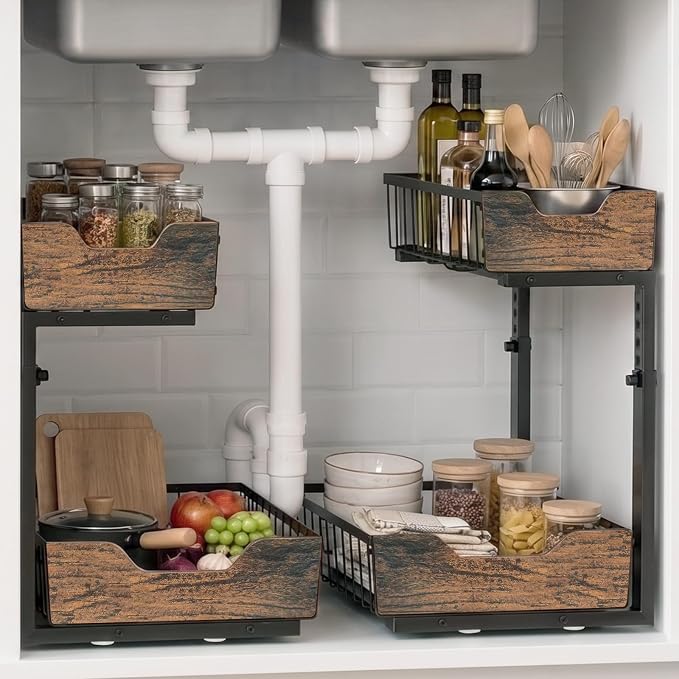 Pull Out Cabinet Organizer 2 Tier Metal Under Sink Organier | Shelf 5 Adjustable Height, Wood Handle, Anti Topple Over, Sturdy Slide out Storage Rack for Bathroom Kitchen Home Pantry - Image 4