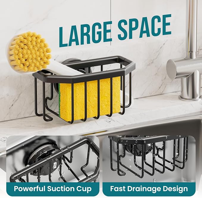 TAILI Sponge Holder for Kitchen Sink with Strong Suction Cup-Black | Removable Sink Caddy for Kitchen Sink Oganizer, Rustproof Aluminum Sink Sponge Holder for Scraper Brushes, Stoppers - Image 7
