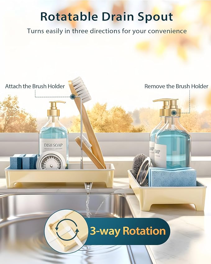 Minimalist Sink Caddy, Rustproof Sponge Holder for Kitchen Sink Yellow | Large Rustproof countertop organizer with 304 stainless steel brush holder, raised ridges and silicone drain tube - Image 5