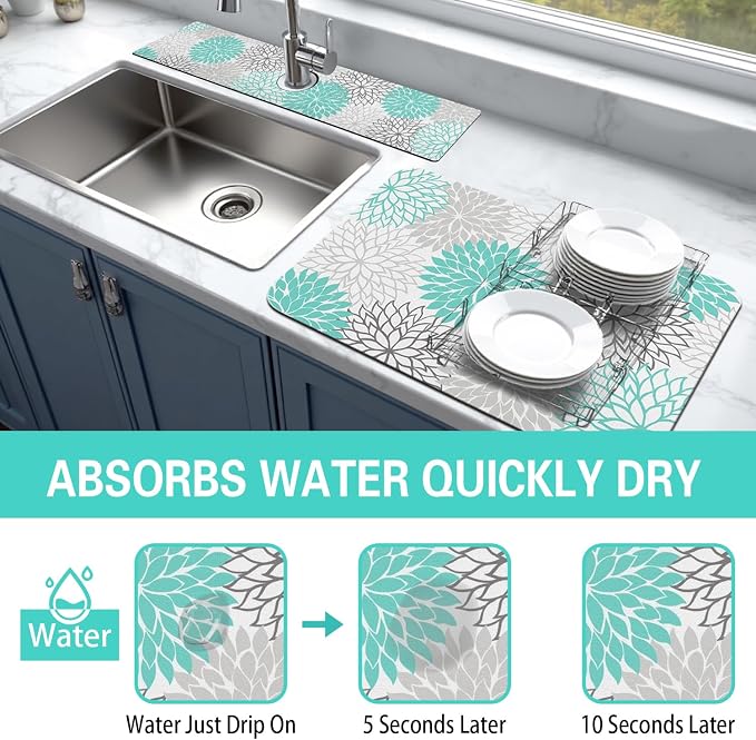 Dish Drying Mat for Kitchen Counter Matt, 2PCS 19"x12" Dish Drainer Mat & 24"x5.5" Sink Splash Guard, Super Absorbent Non-slip Rubber Backed - Image 3