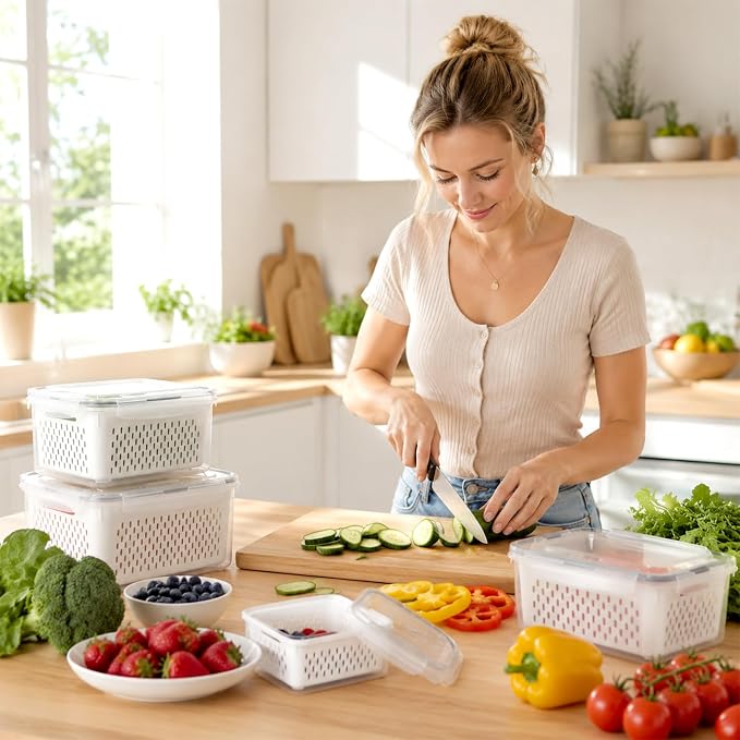 5 Pack Fruit Storage Containers for Fridge Berry Containers for Fridge | Produce Containers with Removable Colander Berry Storage Containers Veggie BPA-Free Plastic Crisper for Long-Term Freshness - Image 4