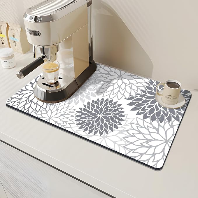 Findosom 2PCS 12" x 20" Dish Drying Mat & 24" x 5.5" Sink Splash Guard, Super Absorbent & Cuttable Dish Mat Drying Kitchen Mat with Gray Floral, Hide Stain Drying Mat for Kitchen Counter - Image 4