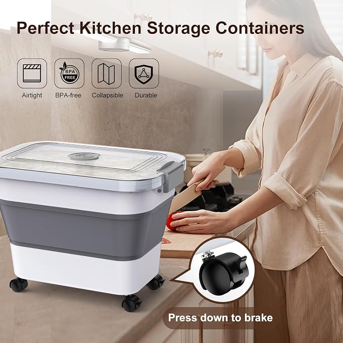 Rice Storage Container, Collapsible Airtight Food Storage Containers 20-30lbs with Clear Lid and Wheels, Rice Dispenser with Scoop for Flour Cereal Pasta Grain, Cat Pet Bird Dog Food Storage Container - Image 6