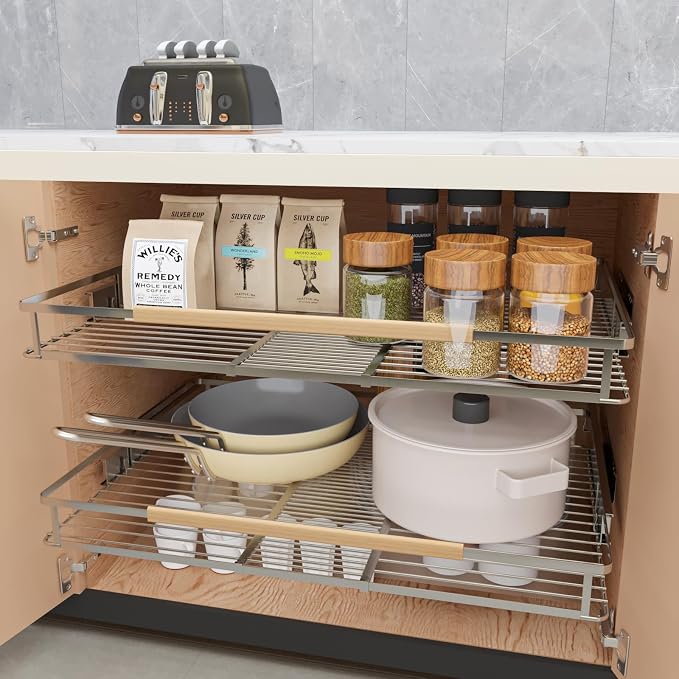 Expandable Pull Out Cabinet Organizer, 23.2"-39.9" W x 22.5''D | 1Pack, Stainless Steel Slide Out Drawers, Heavy Duty Drawer Slides, For Kitchen Pantry Cupboard Pots Pans, Adjustable Width - Image 3