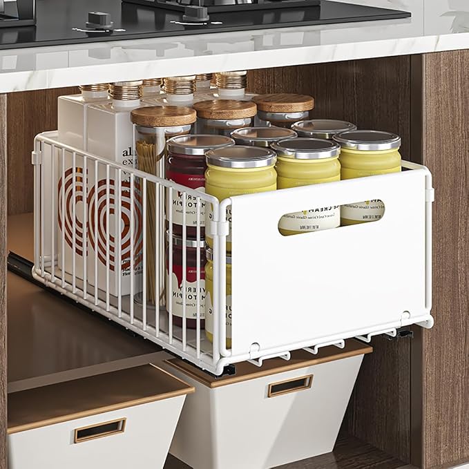 YunNasi Pull Out Cabinet Organizer, White, 2Piece 9.8" W X15 D X7.5 H | Slide Out Drawer Storage Shelves, Cupboard Organiser, Sliding Cabinet Basket for Kitchen, No Drilling and Nailing - Image 4