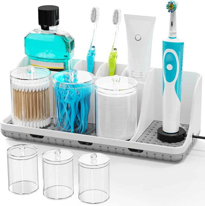 Bathroom Counter Organizers and Storage with 3 PCS Qtip Holder (White) | Easy To Clean, Drainage, Non-Slip, Detachable, 6 Slots Toothbrush Holders for Bathrooms by PARKMANI