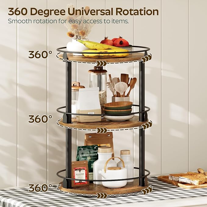 3-Tier Lazy Susan Organizer, Rotating Spice Rack, Spinning Organizer, Industrial Turntable Spice Rack Organizer for Cabinet, Kitchen Countertop, Pantry, Rustic Brown and Black SR23BR - Image 2