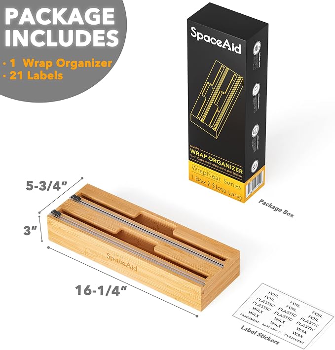SpaceAid 2 in 1 Long Wrap Dispenser (Need 3" Deep Drawer) with Cutter, Plastic Wrap, Aluminum Foil Dispenser for Kitchen Drawer, Bamboo Roll Organizer Holder, Compatible with 15" Roll - Image 3