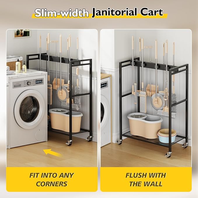 BORISI Broom And Mop Holder, Movable Broom Closet Storage Cabinet, Cleaning Cart with Mop Hanger Gripper Rack, Janitorial Cart, Utility Carts, Laundry Room Organization Home Essentials - Image 4