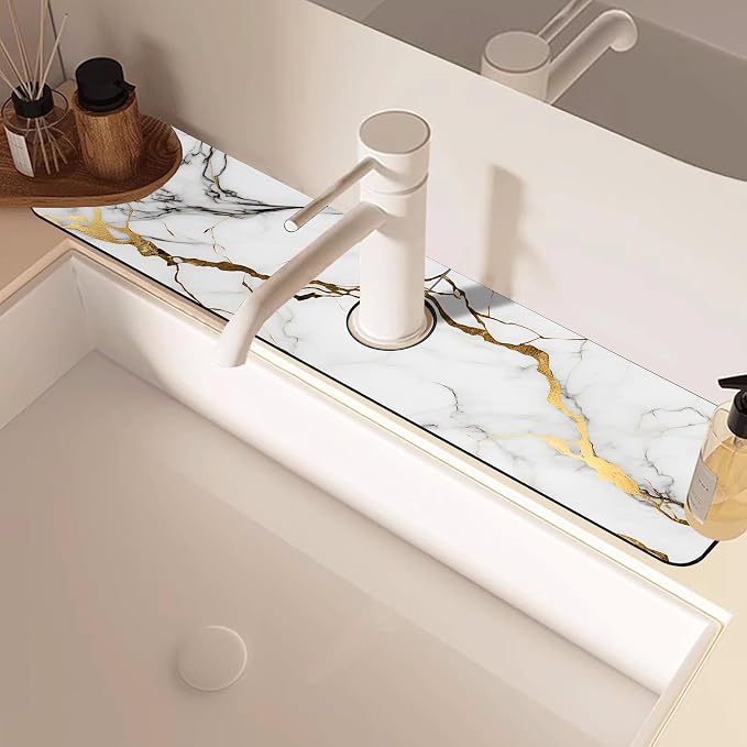 Faucet Mat for Kitchen Sink White Gold Marble Texture Sink Splash Guard Behind Faucet Soft Diatom Mud Material Non-slip Easy to Clean for Bathroom & Kitchen 24"X5.5" - Image 5