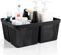 UUJOLY Portable Plastic Shower Caddy Basket with Wooden Handle, Black | Divided Storage Organizer Tote for Bathroom, Dorm, College, Kitchen & RV – Lightweight, Easy-Carry Essentials Caddy by UUJOLY
