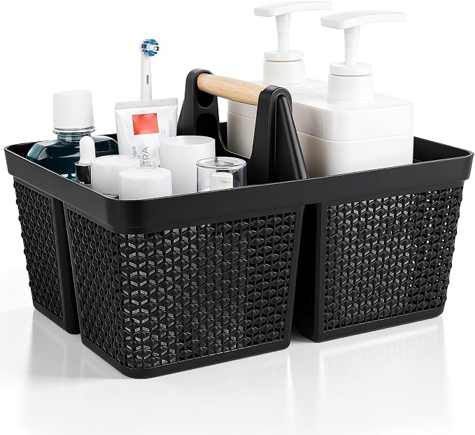 UUJOLY Portable Plastic Shower Caddy Basket with Wooden Handle, Black | Divided Storage Organizer Tote for Bathroom, Dorm, College, Kitchen & RV – Lightweight, Easy-Carry Essentials Caddy by UUJOLY
